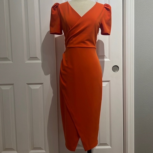 Express Dresses & Skirts - Express V-Neck Puff Sleeve Faux Wrap Sheath Midi Dress